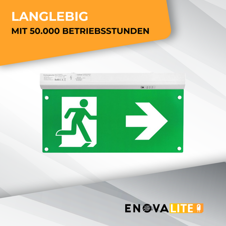 LED-Fluchtwegleuchte 5in1, Notausgang mit Notstromeinheit, TEST-Funktion, Decken- und Wandmontage, Ein- und Aufbau.