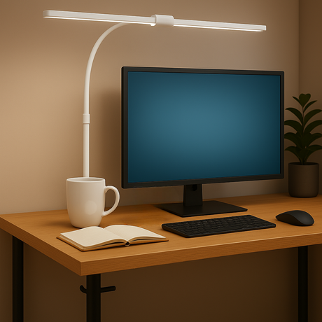 LED-Schreibtischlampe, Doppelkopf, in Weiß, dimmbar, 5 Farbtemperaturstufen, 24 W, 800 lm, klemm- und verstellbare Monitorlampe.