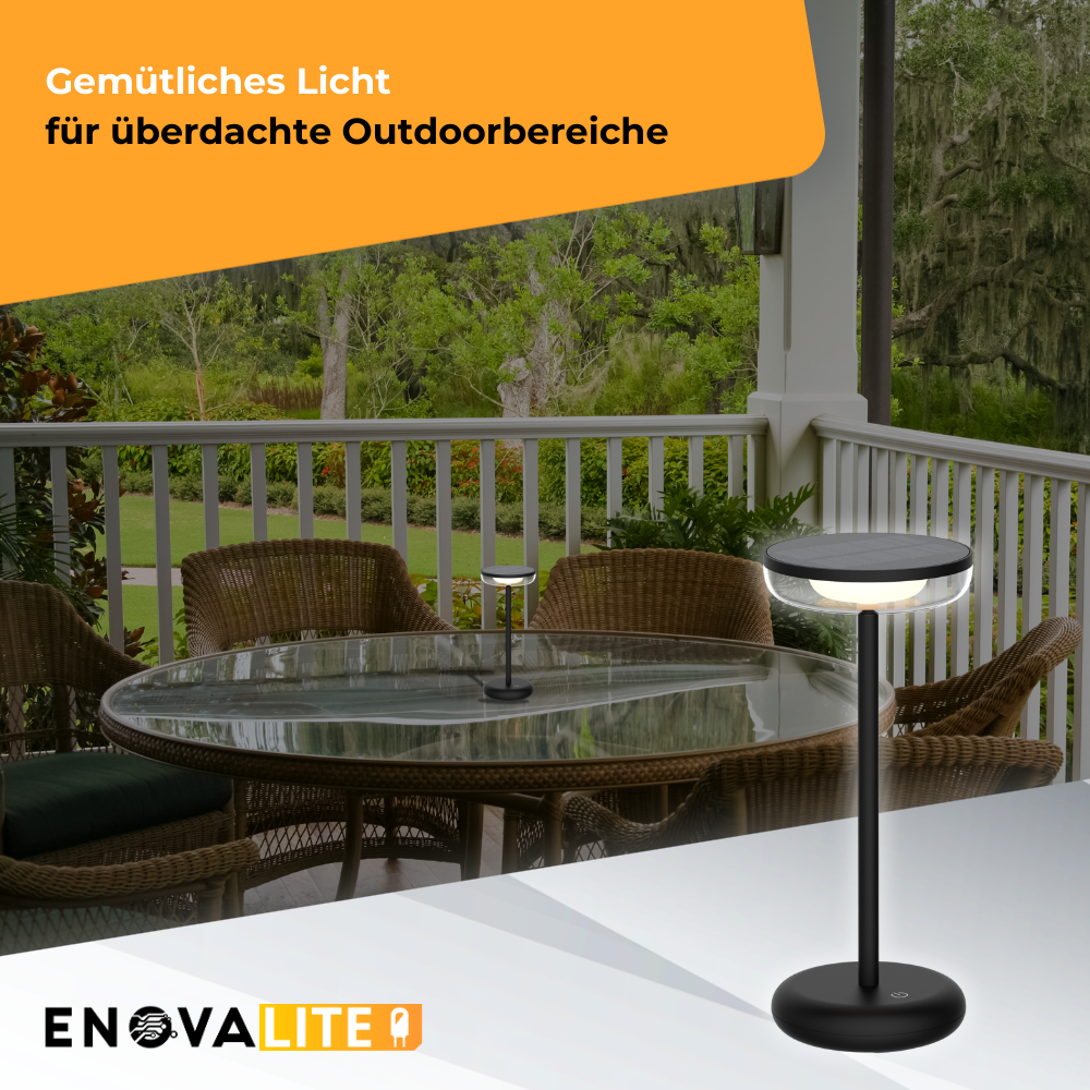 LED-Tischleuchte mit Akku, Solar- und Netzbetrieb, dimmbar, 2700 K (warmweiß), bis zu 48 h Leuchtzeit, IP44, wiederaufladbar, USB-C, In- und Outdoor