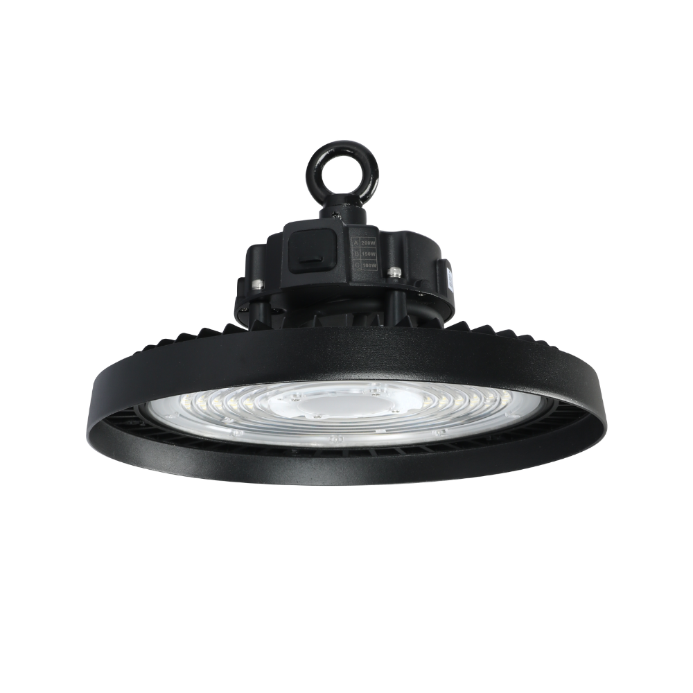 LED-HighBay, UFO, Leistung einstellbar, 100/150/200W, 4000 K (neutralweiß), 17000-34000 lm, IP65, SOSEN, 0-10V dimmbar, 3-in-1 Leuchte, mit Bewegungsmelder