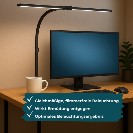 2er Pack LED-Schreibtischlampe, Doppelkopf, schwarz, dimmbar, 5 Farbtemperaturstufen, 24 W, 800 lm, klemm- und verstellbare Monitorlampe.