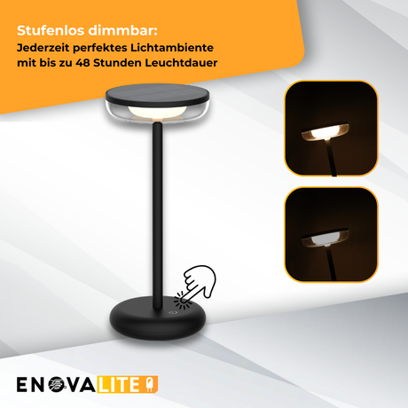 LED-Tischleuchte mit Akku, Solar- und Netzbetrieb, dimmbar, 2700 K (warmweiß), bis zu 48 h Leuchtzeit, IP44, wiederaufladbar, USB-C, In- und Outdoor.