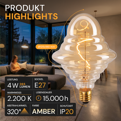 LED Filament Leuchtmittel, UFO, Amber, UFOG125, E27, 4 W, 265lm, 2200K, dimmbar