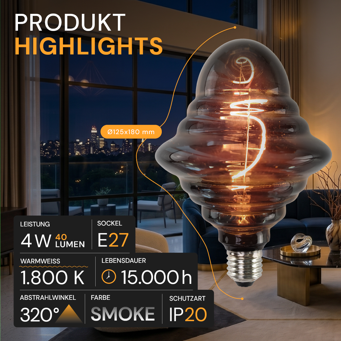 LED Filament Leuchtmittel, UFO, SMOKE, UFOG125, E27, 4 W, 40lm, 1800K, dimmbar