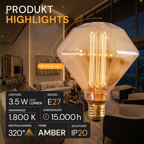 LED Filament Leuchtmittel, DIAMANT, AMBER, D125L, E27, 3.5 W, 120lm, 1800K, dimmbar.