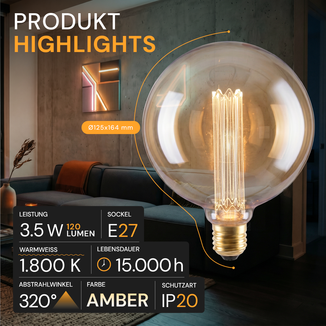 LED Filament Leuchtmittel, RUND, AMBER, G125, E27, 3.5 W, 120lm, 1800K, dimmbar.