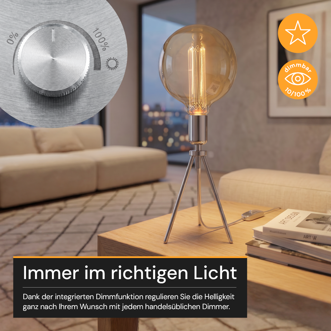 LED Filament Leuchtmittel, RUND, AMBER, G125, E27, 3.5 W, 120lm, 1800K, dimmbar.