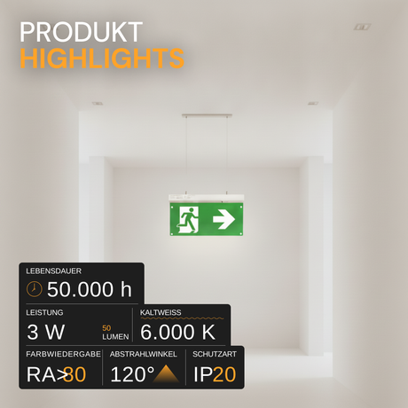 LED-Fluchtwegleuchte 4in1 mit Notstromakku 3h, TEST-Funktion, Dauer- & Notbetrieb