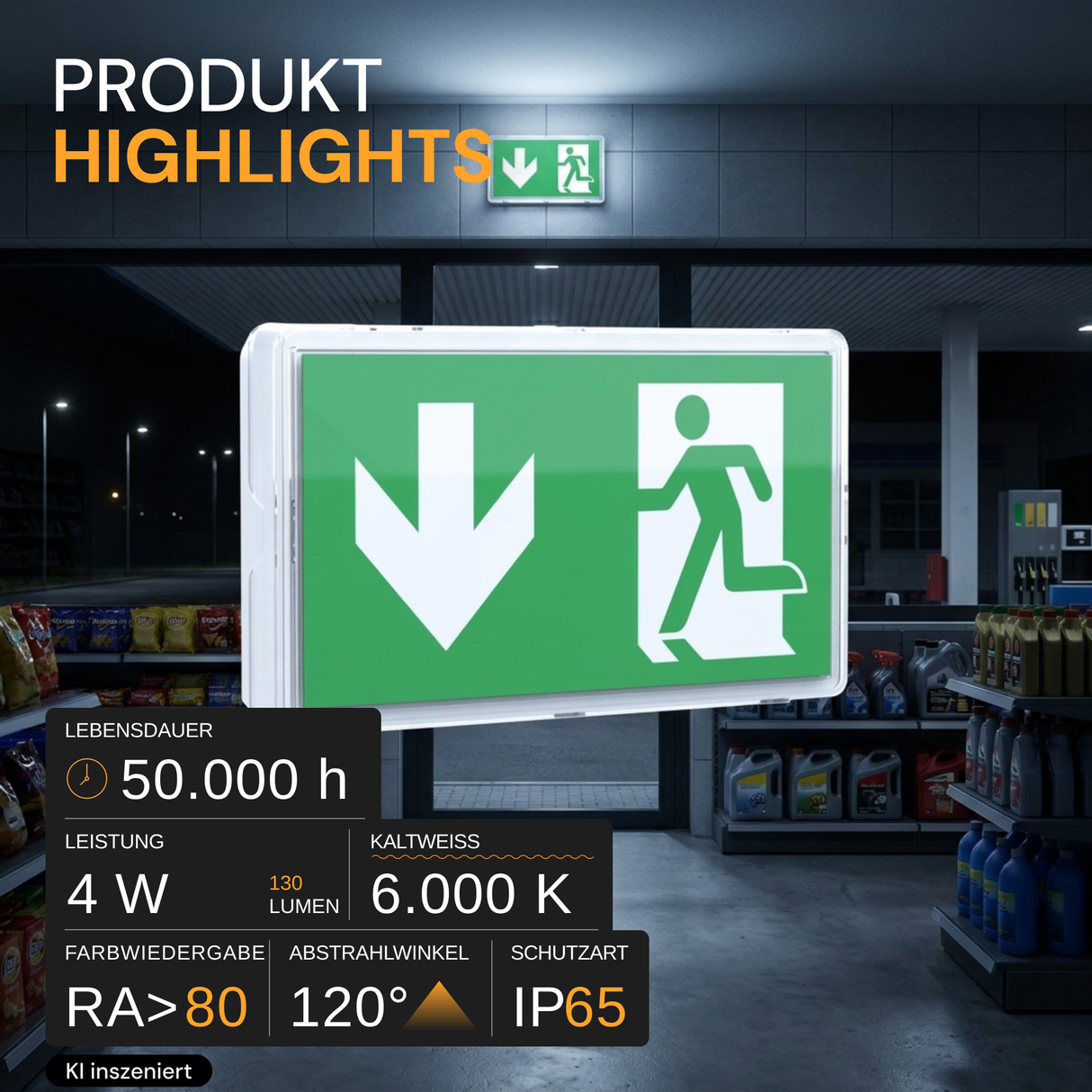 LED-Fluchtwegleuchte mit 8h Notstromakku, TEST-Funktion, Dauer- & Notbetrieb, IP65