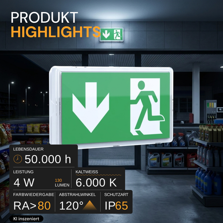 LED-Fluchtwegleuchte mit 8h Notstromakku, TEST-Funktion, Dauer- & Notbetrieb, IP65