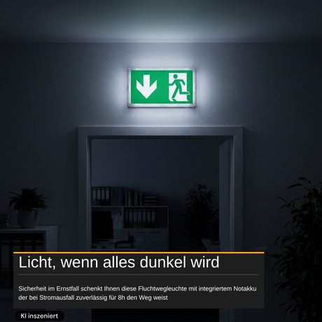 LED-Fluchtwegleuchte mit 8h Notstromakku, TEST-Funktion, Dauer- & Notbetrieb, IP65