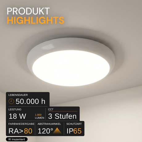 LED-Notstrom Deckenleuchte, 8 h Notlicht, 18 W, 1800 lm, 3000-6000 K, IP65
