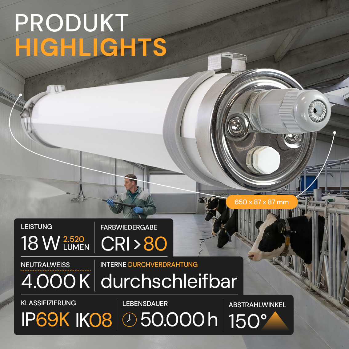 LED-Feuchtraumleuchte, 60 cm, 18 W, 2520 lm, 4000 K, IP69K, ammoniakbeständig, Brandschutz, durchschleifbar, Rohrleuchte.