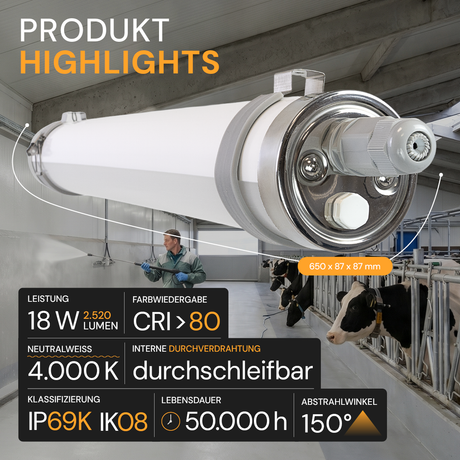 LED-Feuchtraumleuchte, 60 cm, 18 W, 2520 lm, 4000 K, IP69K, ammoniakbeständig, Brandschutz, durchschleifbar, Rohrleuchte.