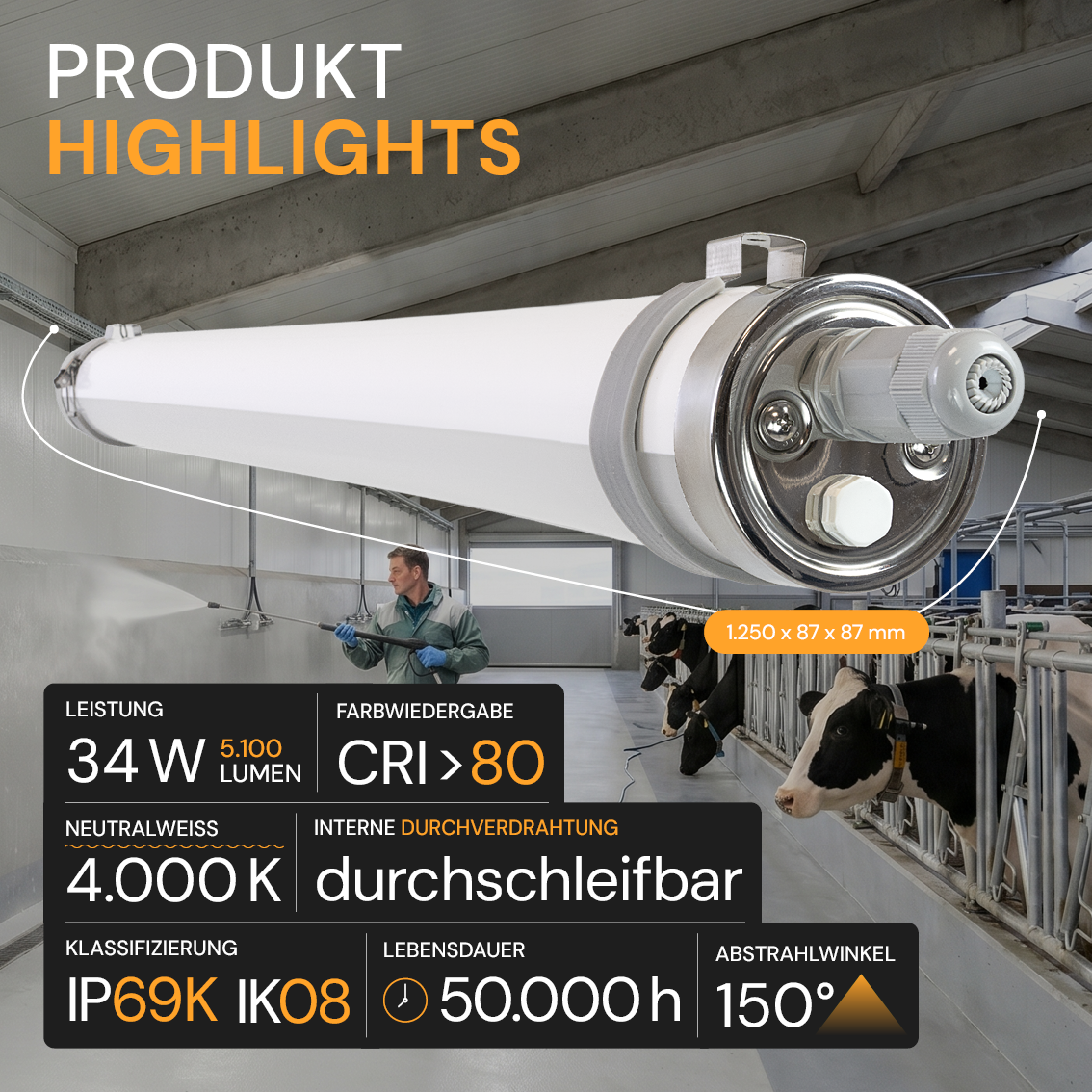 LED-Feuchtraumleuchte, 120 cm, 34 W, 5100 lm, 4000 K, IP69K, ammoniakbeständig, Brandschutz, durchschleifbar, Rohrleuchte.