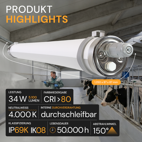 LED-Feuchtraumleuchte, 120 cm, 34 W, 5100 lm, 4000 K, IP69K, ammoniakbeständig, Brandschutz, durchschleifbar, Rohrleuchte.
