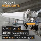LED-Feuchtraumleuchte, 150 cm, 50 W, 7500 lm, 4000 K, IP69K, ammoniakbeständig, Brandschutz, durchschleifbar, Rohrleuchte