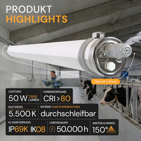 LED-Feuchtraumleuchte, 150 cm, 50 W, 7500 lm, 5700 K, IP69K, ammoniakbeständig, Brandschutz, durchschleifbar, Rohrleuchte
