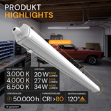 LED Feuchtraumleuchte PRO, 8 h Notlicht, 120 cm, 20–34 W, 3CCT, 2500–4250 lm, IP65, Sensor-Ready, Schnellverbinder, durchschleifbar