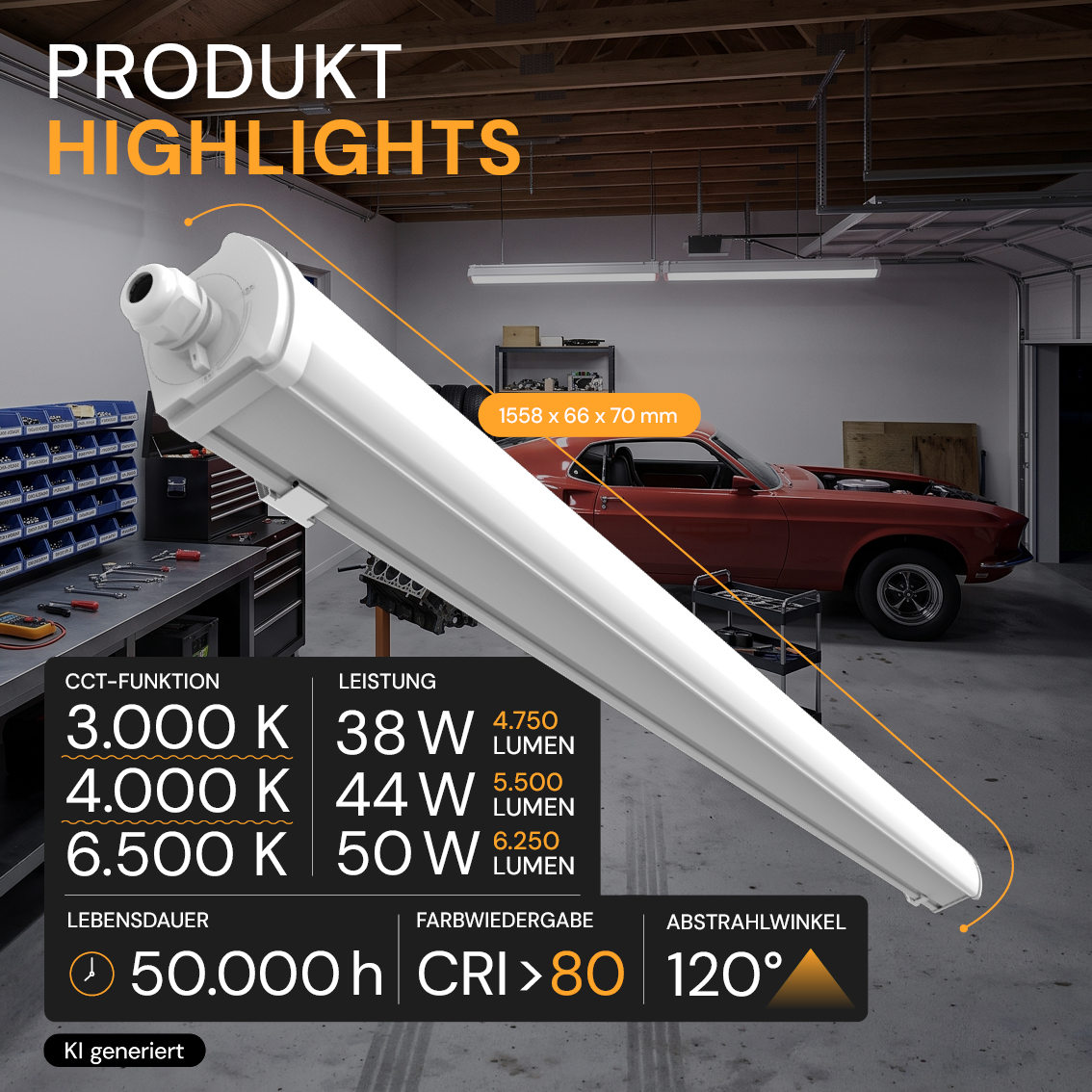 LED Feuchtraumleuchte PRO, 8 h Notlicht, 150 cm, 38–50 W, 3CCT, 4750–6250 lm, IP65, Sensor-Ready, Schnellverbinder, durchschleifbar