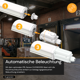 LED Feuchtraumleuchte PRO, 8 h Notlicht, 150 cm, 38–50 W, 3CCT, 4750–6250 lm, IP65, Sensor-Ready, Schnellverbinder, durchschleifbar