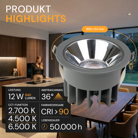 CCT Downlight PRO, in Grau, 12 W, 840 lm, Ø85x54 mm, 2700 - 6500 K (einstellbar), 36°, CRI90, IP65-wassergeschützt, Einbauleuchte, Aluminiumdruckguss, Premium