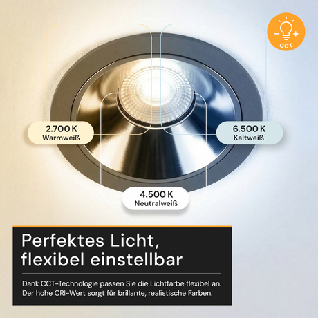 LED Einbauleuchte CCT Downlight,12 W, 2700–6500 K, CRI90,