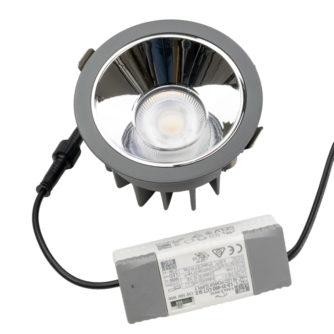 CCT Downlight PRO, in Grau, 18 W, 1260 lm, Ø105x65 mm, 2700 - 6500 K (einstellbar), 36°, CRI90, IP65-wassergeschützt, Einbauleuchte, Aluminiumdruckguss, Premium