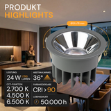 CCT Downlight PRO, in Grau, 24 W, 1750 lm, Ø131x75 mm, 2700-6500 K (einstellbar), 36°, CRI90, IP65-wassergeschützt, Einbauleuchte, Aluminiumdruckguss, Premium.