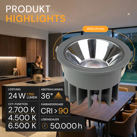 CCT Downlight PRO, in Grau, 24 W, 1750 lm, Ø131x75 mm, 2700-6500 K (einstellbar), 36°, CRI90, IP65-wassergeschützt, Einbauleuchte, Aluminiumdruckguss, Premium.