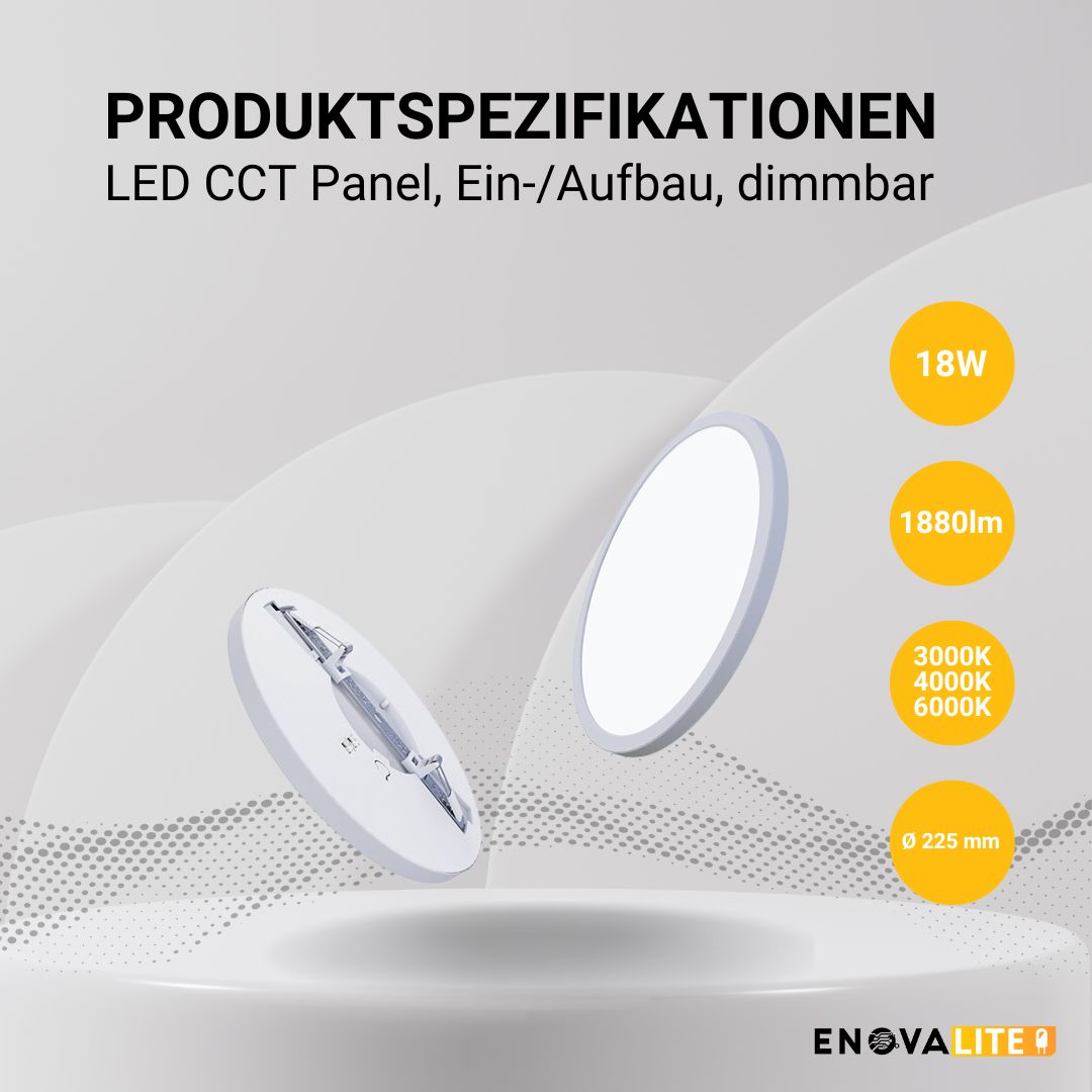 LED CCT Panel, Ein-/Aufbau, dimmbar, 18W, 1880 lm, ø225x17mm, 3000-4000-6000K einstellbar, Lochdurchm. variabel, weiß