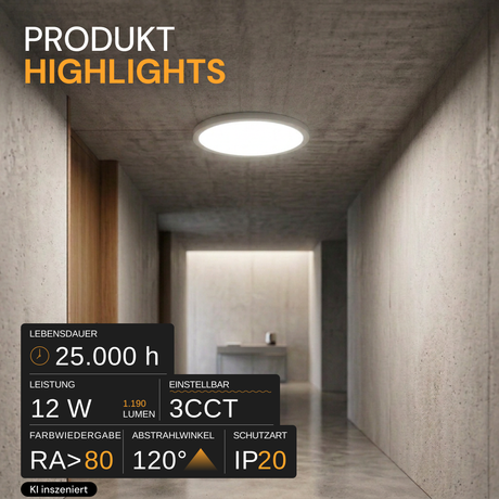 LED CCT Ein-/Aufbauleuchte Panel, 12 W, 1190 lm, Ø170 mm, 3000–4000–6000 K