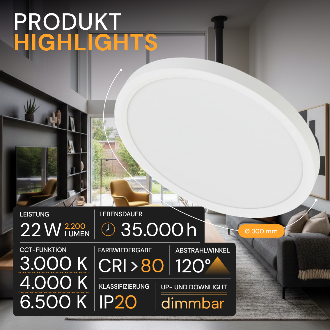 LED Panel mit Fernbedienung, Ø30 cm, weiß, rund, 22 W, 2200 lm, dimmbar, Lichtfarbe einstellbar 3000-6500 K, Slim Design, Nachtlichtmodus