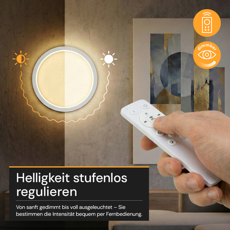 LED Panel mit Fernbedienung, Ø30 cm, weiß, rund, 22 W, 2200 lm, dimmbar, Lichtfarbe einstellbar 3000-6500 K, Slim Design, Nachtlichtmodus.