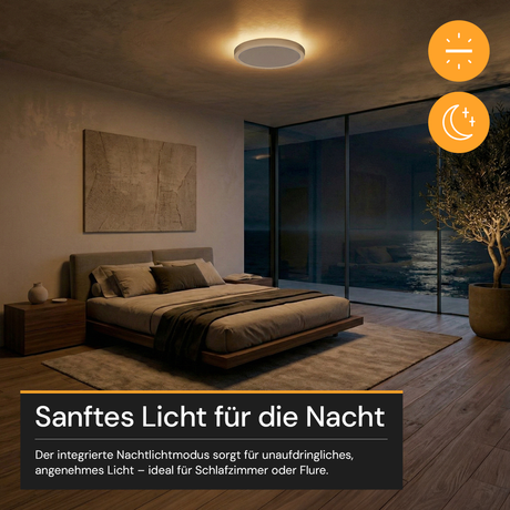 LED Panel mit Fernbedienung, Ø30 cm, weiß, rund, 22 W, 2200 lm, dimmbar, Lichtfarbe einstellbar 3000-6500 K, Slim Design, Nachtlichtmodus.