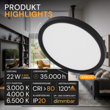 LED Panel mit Fernbedienung, Ø30 cm, schwarz, rund, 22 W, 2200 lm, dimmbar, Lichtfarbe einstellbar 3000-6500 K, Slim Design, Nachtlichtmodus.