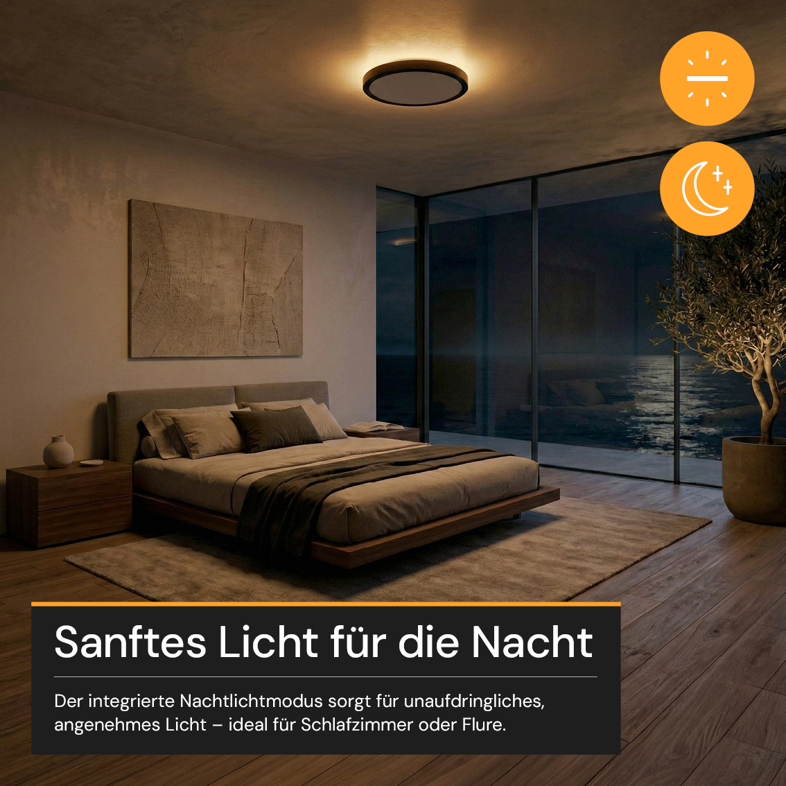 LED Panel mit Fernbedienung, Ø30 cm, schwarz, rund, 22 W, 2200 lm, dimmbar, Lichtfarbe einstellbar 3000-6500 K, Slim Design, Nachtlichtmodus