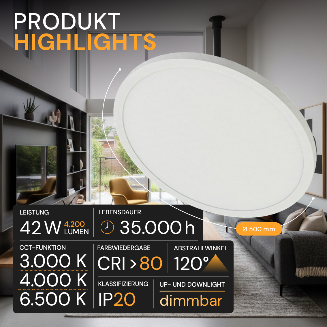 LED Panel mit Fernbedienung, Ø50 cm, weiß, rund, 42 W, 4200 lm, dimmbar, Lichtfarbe einstellbar 3000-6500 K, Slim Design, Nachtlichtmodus.