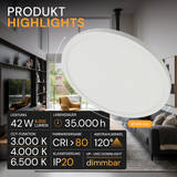 LED Panel mit Fernbedienung, Ø50 cm, weiß, rund, 42 W, 4200 lm, dimmbar, Lichtfarbe einstellbar 3000-6500 K, Slim Design, Nachtlichtmodus.