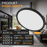 LED Panel mit Fernbedienung, Ø50 cm, schwarz, rund, 42 W, 4200 lm, dimmbar, Lichtfarbe einstellbar 3000-6500 K, Slim Design, Nachtlichtmodus.