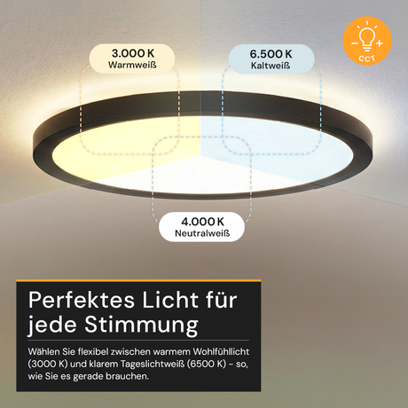 LED Panel mit Fernbedienung, Ø50 cm, schwarz, rund, 42 W, 4200 lm, dimmbar, Lichtfarbe einstellbar 3000-6500 K, Slim Design, Nachtlichtmodus.