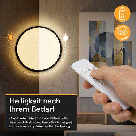 LED Panel mit Fernbedienung, Ø50 cm, schwarz, rund, 42 W, 4200 lm, dimmbar, Lichtfarbe einstellbar 3000-6500 K, Slim Design, Nachtlichtmodus.