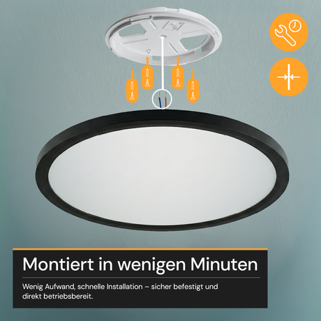 LED Panel mit Fernbedienung, Ø50 cm, schwarz, rund, 42 W, 4200 lm, dimmbar, Lichtfarbe einstellbar 3000-6500 K, Slim Design, Nachtlichtmodus.