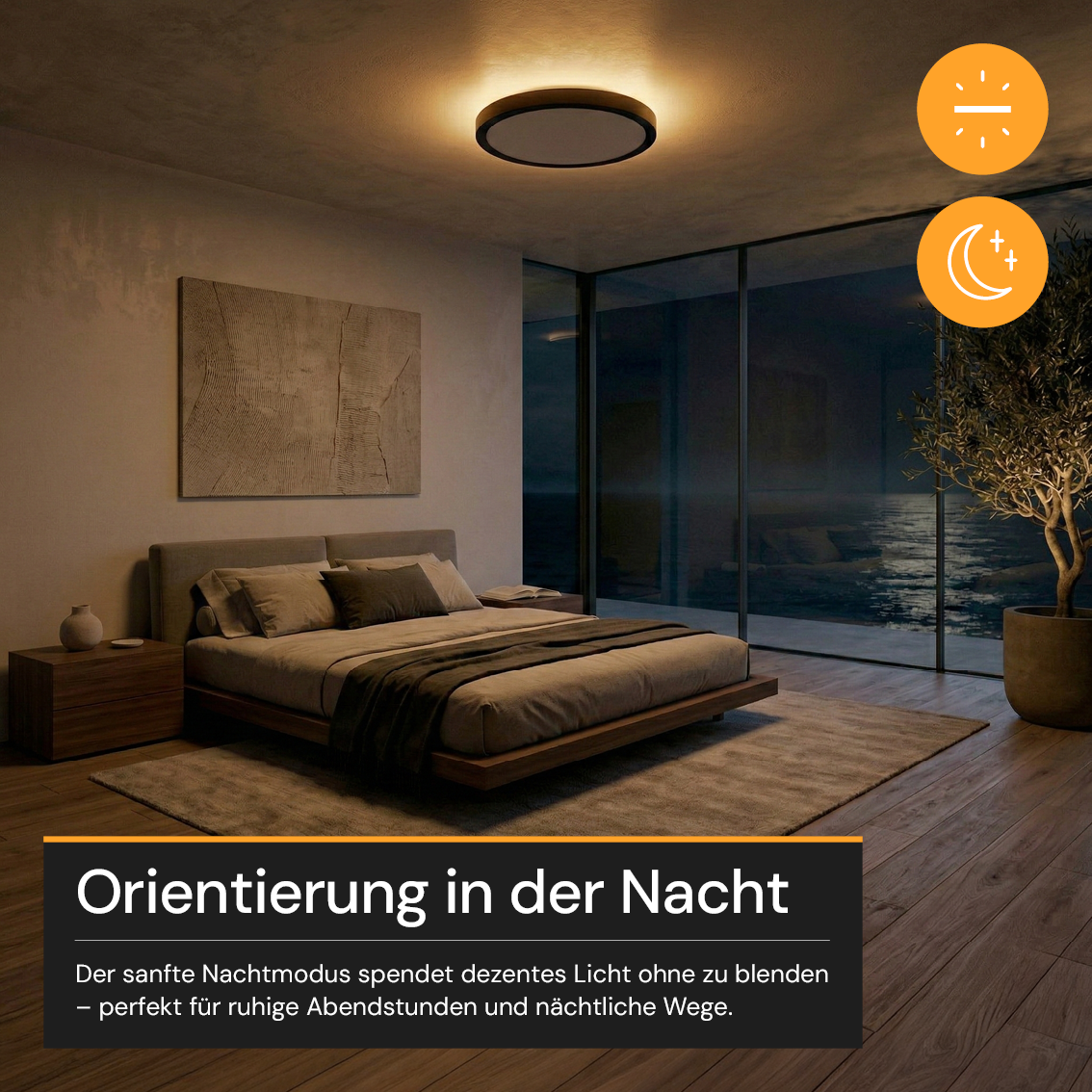 LED Panel mit Fernbedienung, Ø50 cm, schwarz, rund, 42 W, 4200 lm, dimmbar, Lichtfarbe einstellbar 3000-6500 K, Slim Design, Nachtlichtmodus.