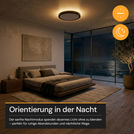 LED Panel mit Fernbedienung, Ø50 cm, schwarz, rund, 42 W, 4200 lm, dimmbar, Lichtfarbe einstellbar 3000-6500 K, Slim Design, Nachtlichtmodus.
