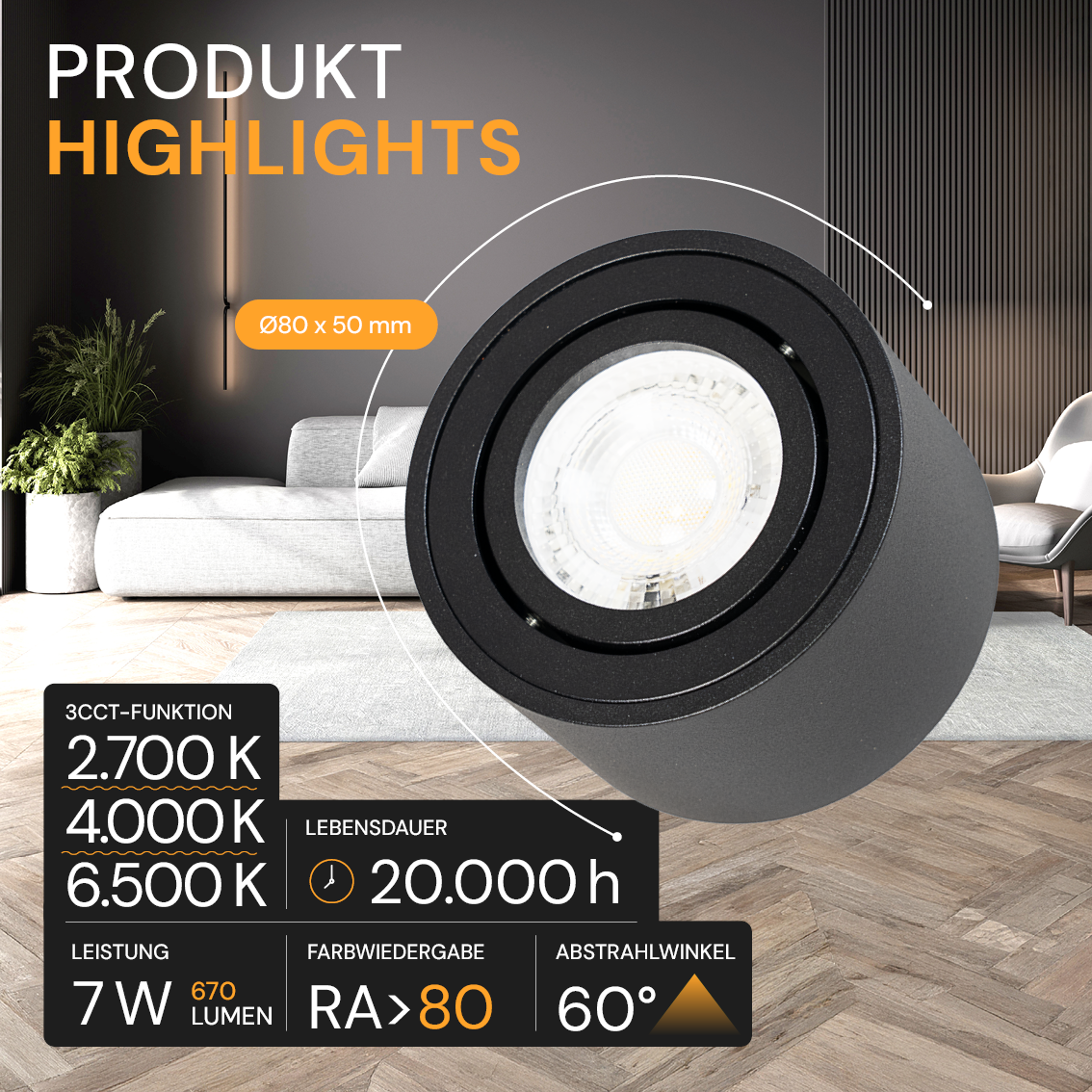 LED Aufbauspot, 7 W, 670 lm, 3CCT, dimmbar, schwenkbar, Aluminium, schwarz