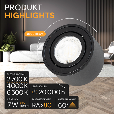 LED Aufbauspot, 7 W, 670 lm, 3CCT, dimmbar, schwenkbar, Aluminium, schwarz