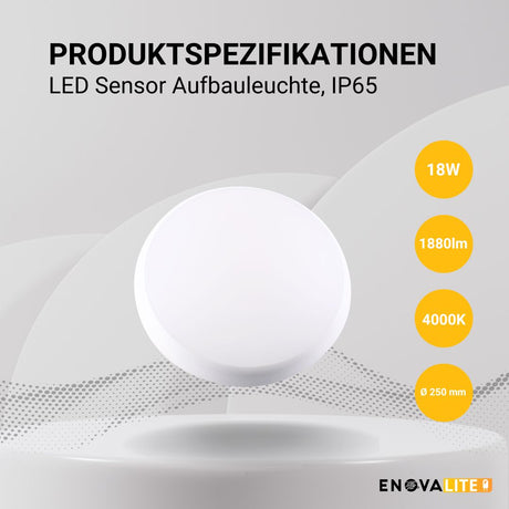 LED Aufbauleuchte mit Sensor, 18W, 1880 lm, 4000K, ø250x48mm, IP65.