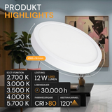 LED CCT Panel, Ein-/Aufbau, 12 W, 1200 lm, Ø165 mm, 5CCT (2700 K– 5700 K), Lochdurchm. variabel, Anschlussbox.