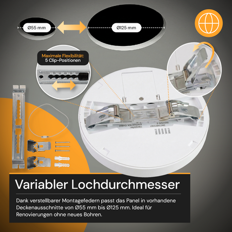LED CCT Panel, Ein-/Aufbau, 12 W, 1200 lm, Ø165 mm, 5CCT (2700 K– 5700 K), Lochdurchm. variabel, Anschlussbox.
